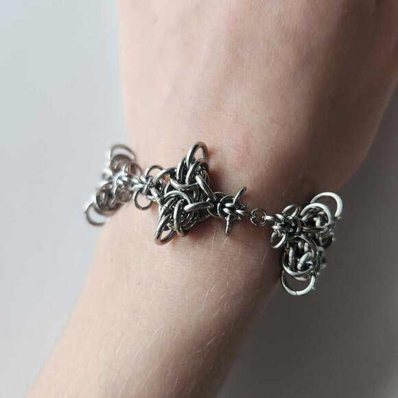 Hand Crafted Jewelry - Gothic medieval style chunky silver chainmail bracelet with spikes
